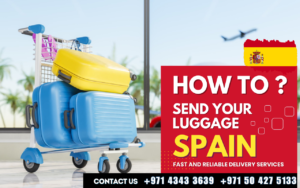 a blue and yellow luggage on a cart Send Your Luggage to Spain