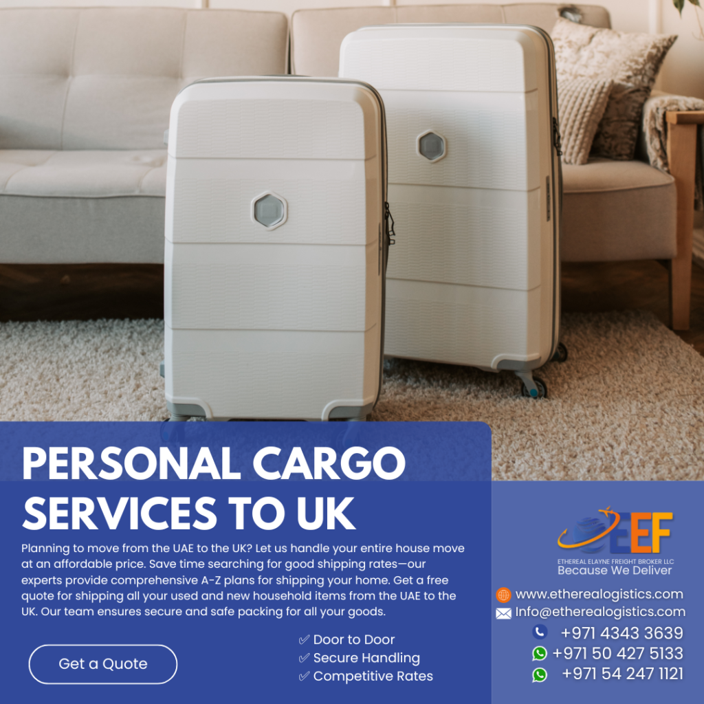 Personal cargo services to UK from UAE, Dubai, Sharjah, Ajman, Abu Dhabi, Al Ain, Ras Al Khaima, Fujairah